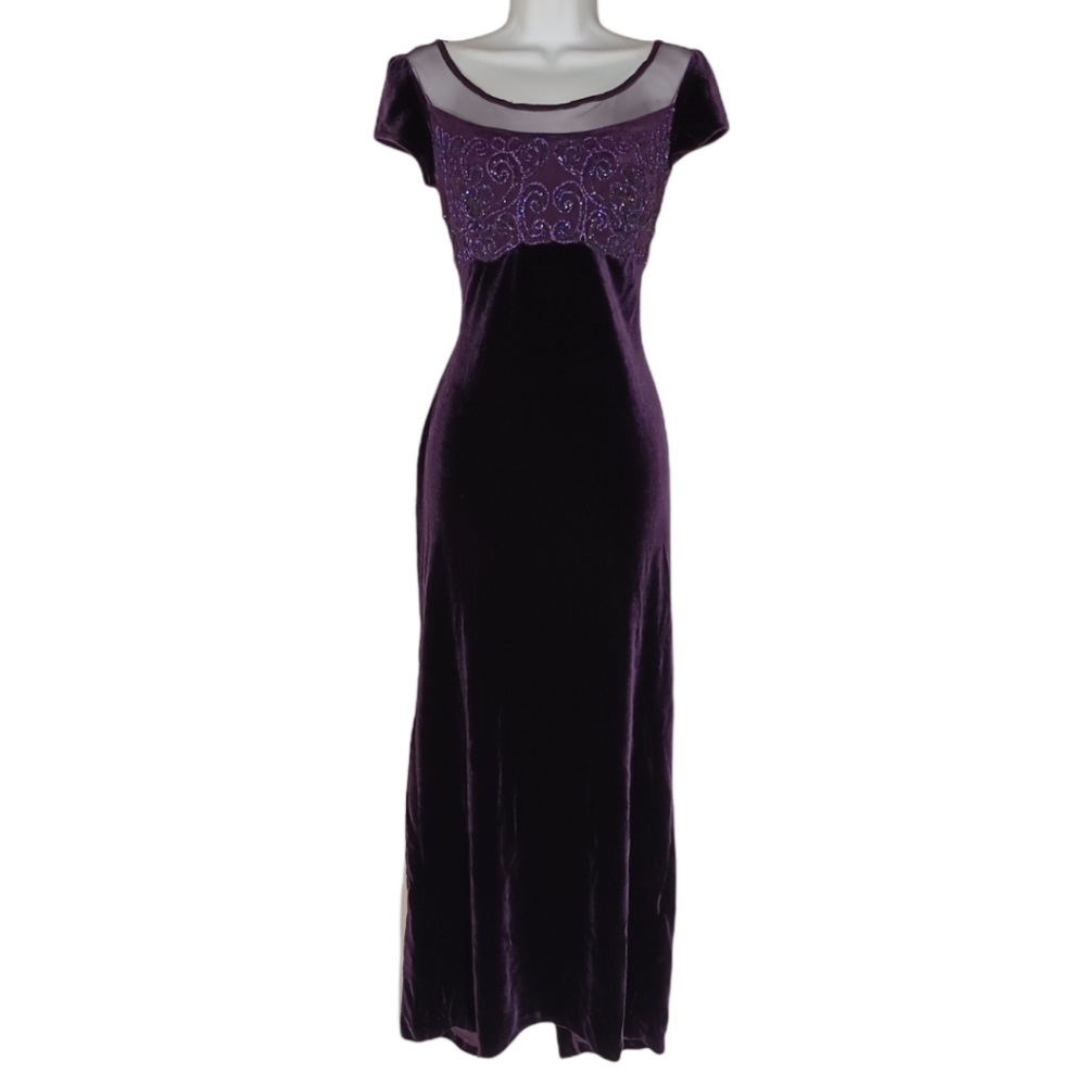 VTG 5.7.9 Purple Velvet Glitter Paisley Sheer Short Sleeve Maxi Dress Size 7